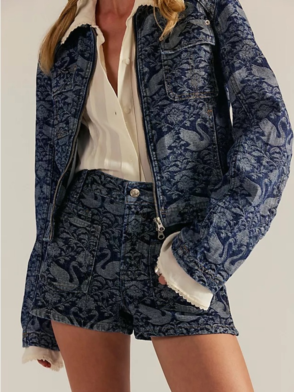 We The Free Blue Swan Double Zip Denim Jacket